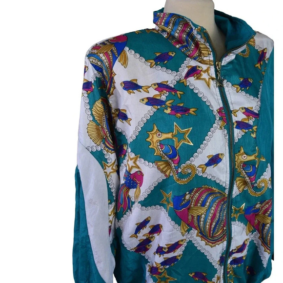 Vintage 80s Lavon Sport Full Zip Windbreaker Jacket Fish Nylon Teal Size Small - Picture 2 of 8